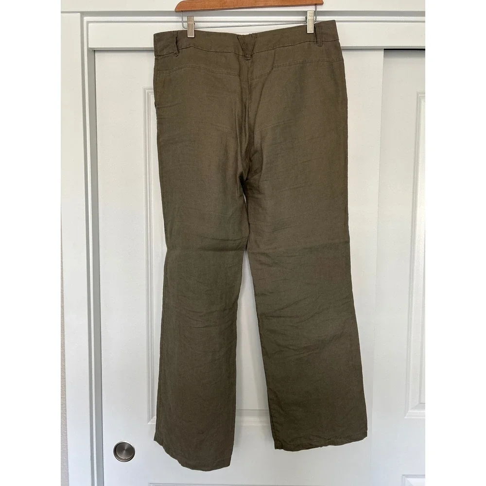 H&M Y2K Womens 100% Linen Wide Leg Trousers Olive Brown Size 12 Mid Rise Pants